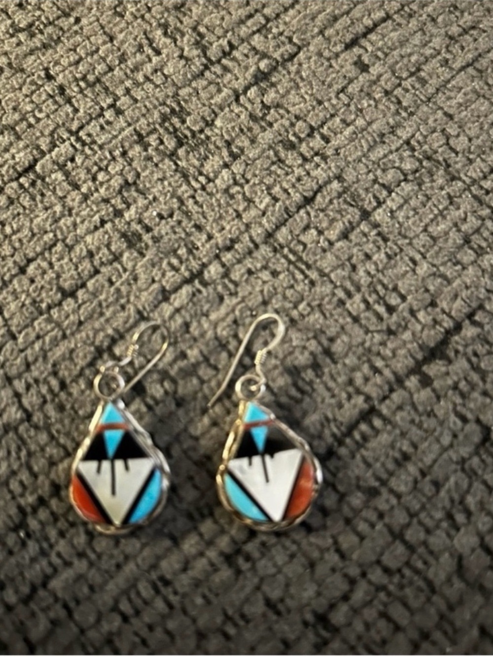 Sterling Silver Teardrop Inlay Earrings in Turquoise, Coral & Black